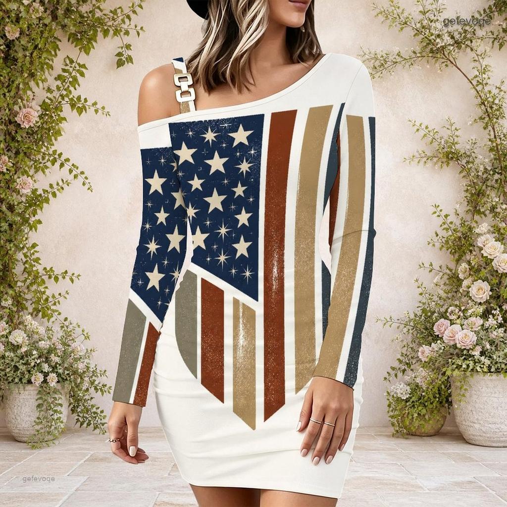 Women Plus Size One Shoulder Long Sleeve Star Stripe Printed Bodycon Mini Dress