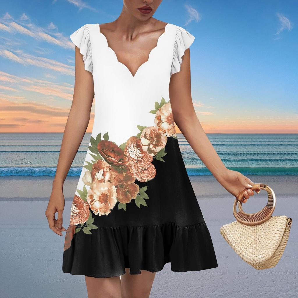 Women's Fashion Casual V Neck Wavy Edge Print Short Sleeve Dress