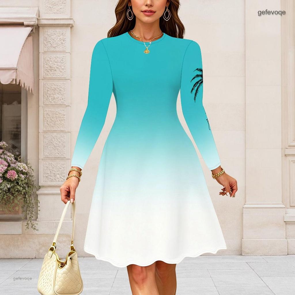 Women Plus Size Round Neck Long Sleeve Clover Printed A Line Flared Dress