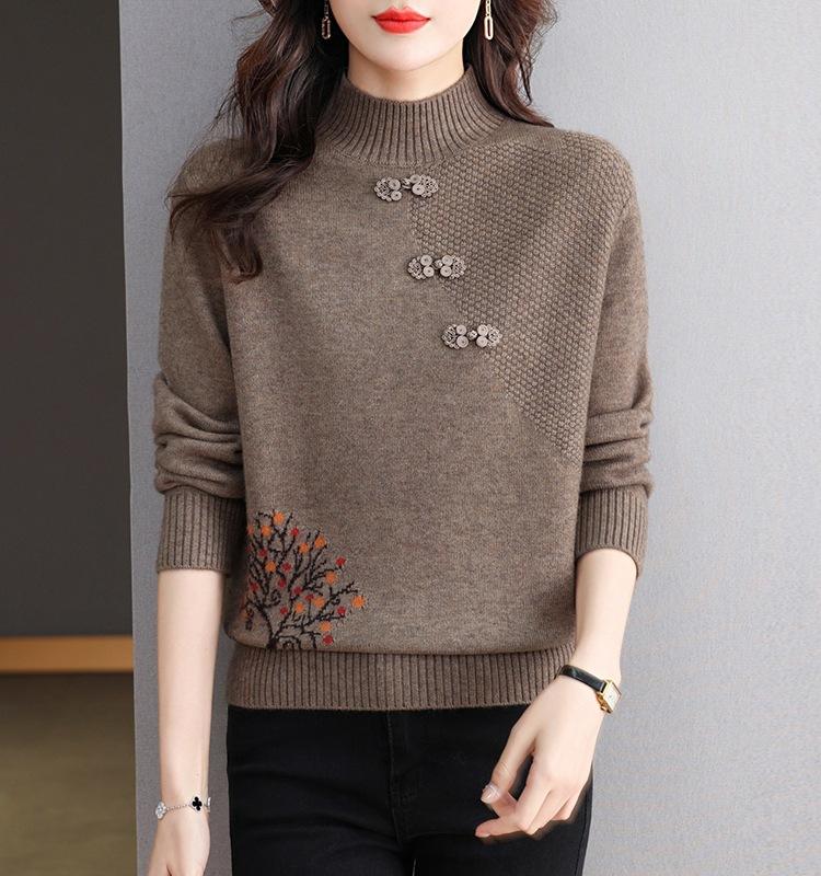 

Женский вязаный топ в китайском стиле с полувысоким воротником, однотонный пуловер, свитер с полувысоким воротником для женщин 3XL верблюд