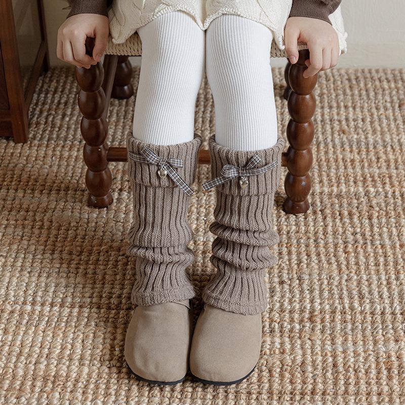 Boots Cotton Girls Socks Cover Retro Plaid Bow Stacking Socks Lolita Wool Knitted Warm Calf Leg Cover