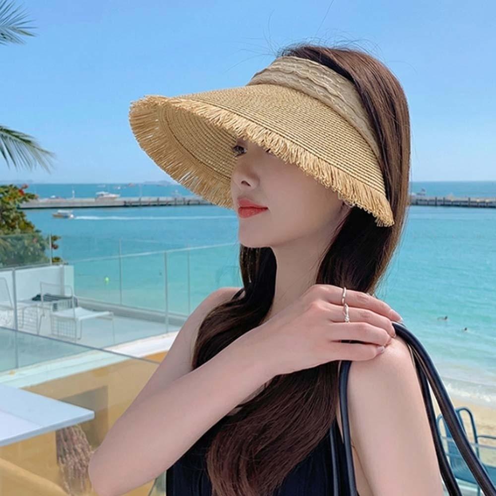 Portable Straw Visor Cap Solid Color Sunscreen Empty Top Hat Folding Sunshade Hat  Travel