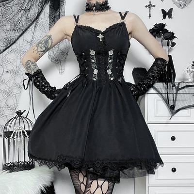 Gothic Women Dress Sleeveless Lace Black Bodycon Mini Dresses Y2K Grunge Punk Haraiuku Lolita Fairy Clothes