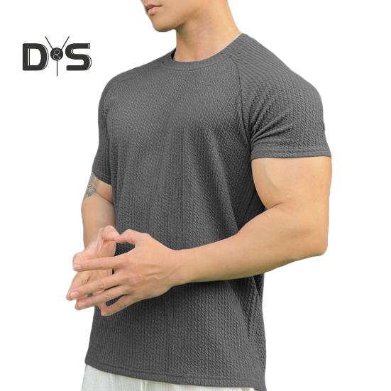 Men Summer Top with 3D Texture Round Neck Short Sleeves Loose Solid Color Muscular Men Sport T-shirt Daily Exercise Shirt