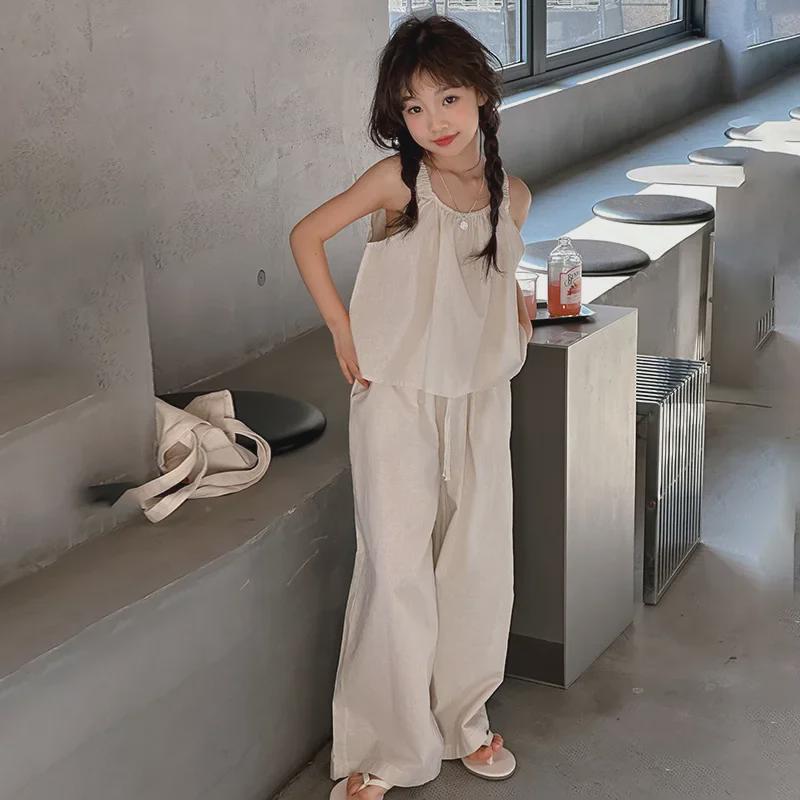 Girls' Summer Two-Piece: Suspender Top and Wide-Leg Pants - Lightweight Korean Style