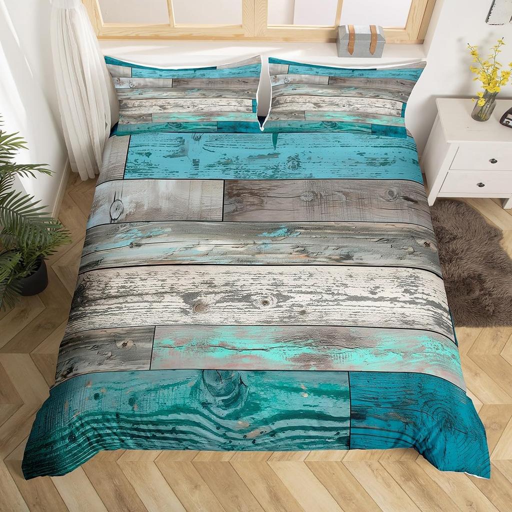 Geometric Bedding Set,Patchwork Plaid Duvet Cover Twin King for Teens Adults,Retro Vintage Comforter Cover,Wooden Plank Bed Set