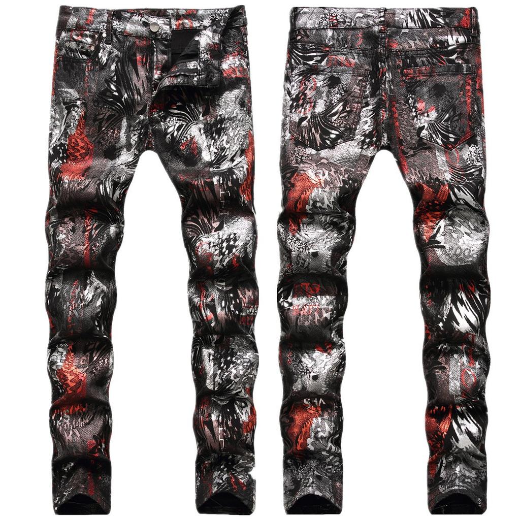 Mainstream Fashion PU Jeans Men's Personality Leopard Print Pattern Painted Print Graffiti Slim Fit Long Pants Trend