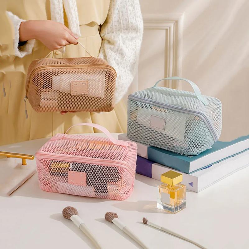 Large Capacity Mesh Handheld Makeup Bag Zipper Multi-layer Transparent Mesh Cosmetic Bag Organizer Case Square