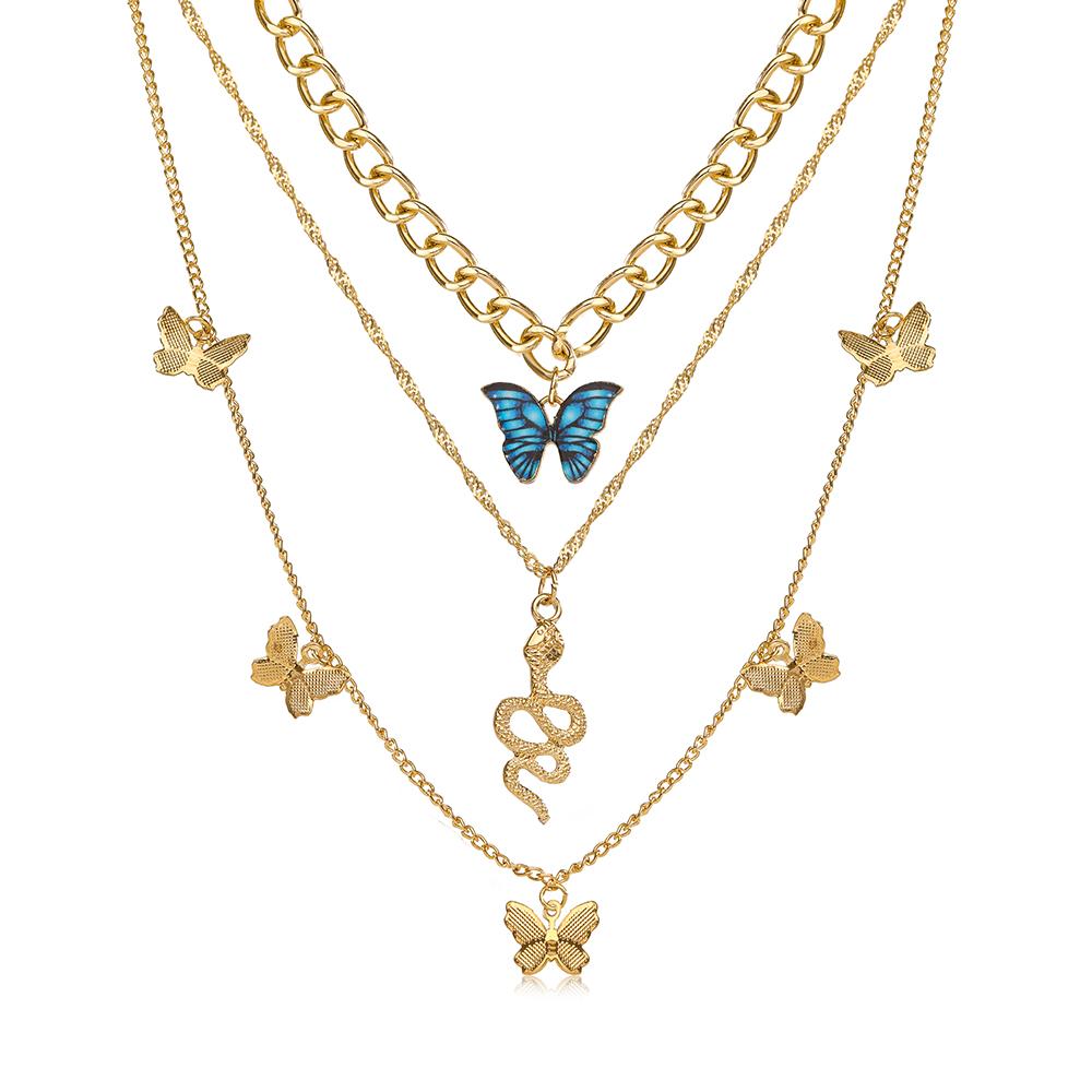 Creative Simple Temperament Women's Necklace Lovely Atmosphere Blue Butterfly Snake Necklace 3-piece Set