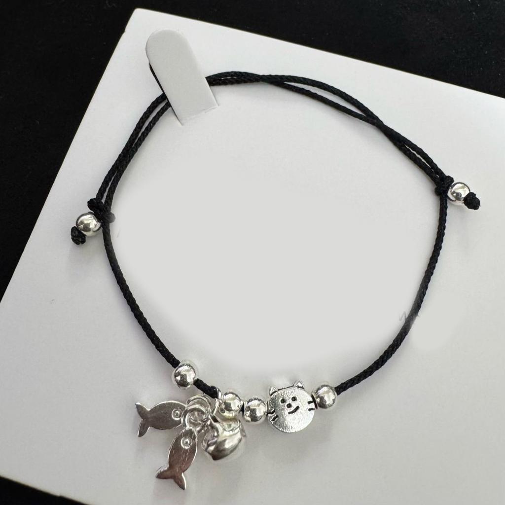 Pack Of 2 Matching Cat And Fish Design Red Black Cord Bracelets Handcrafted Wrist Chain For Couples Friends