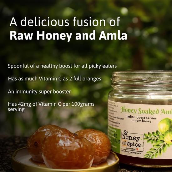 Honig und Gewürz Honiggetränkte Amla (350g) | Indische Stachelbeeren in rohem Honig | Amla Murabba reich an Vitamin C | Immunstärker | Roh und rein |
