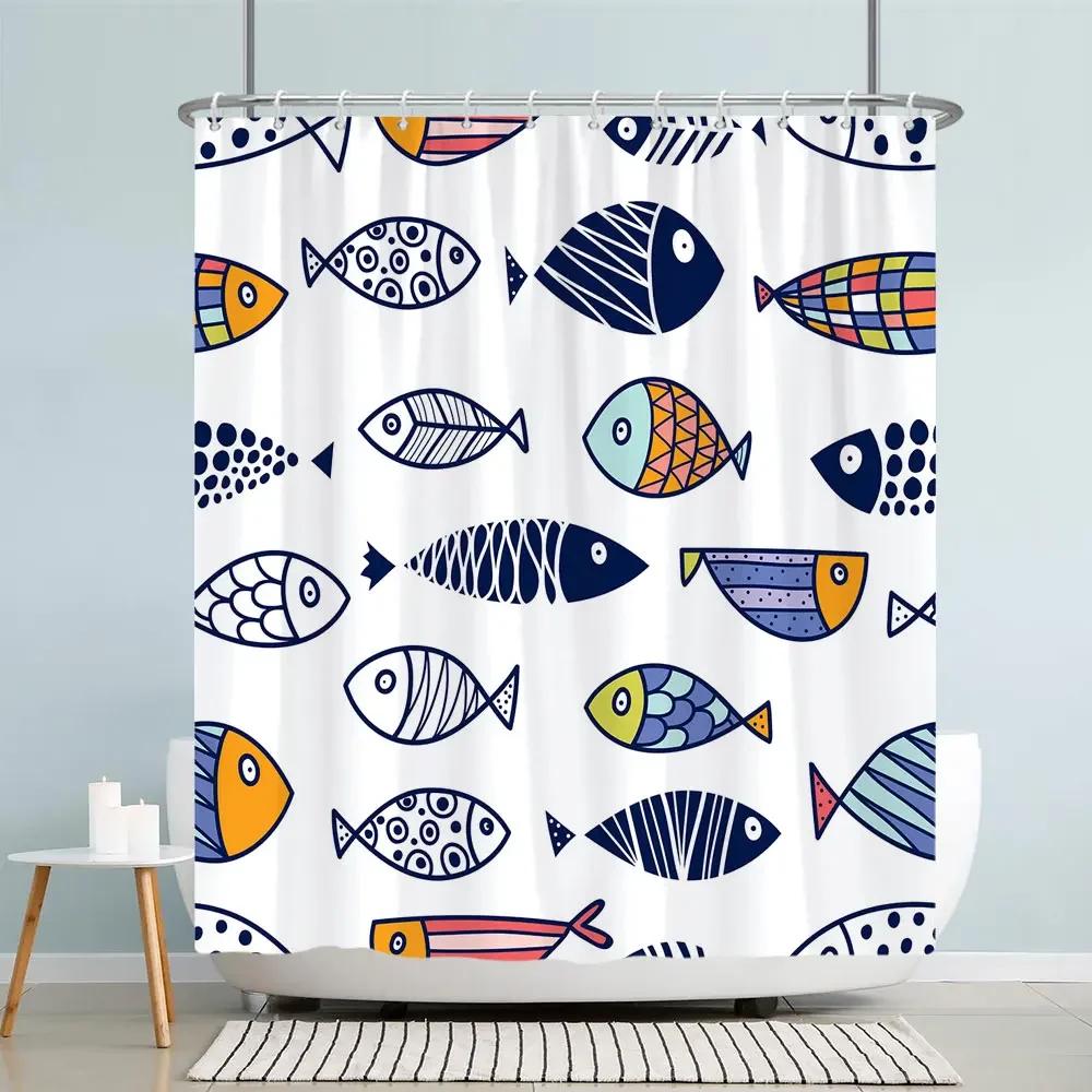 Kids Cartoon Animal Shower Curtain Funny Letters Blue Watercolour Fish Polyester Fabric Washable Shower Curtains Bathroom Deco