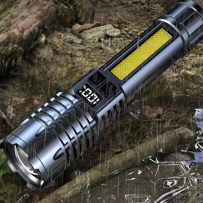 Portable Rechargeable High Power LED Flashlights With Display Screen Zoom Tactical Torch Lamp with Emergency Side Lights Lantern