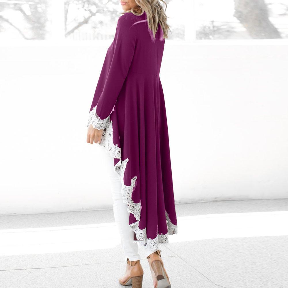 Women's  Long-sleeved Casual O-neck Pullover Irregular Hem Solid Color Lace Dres