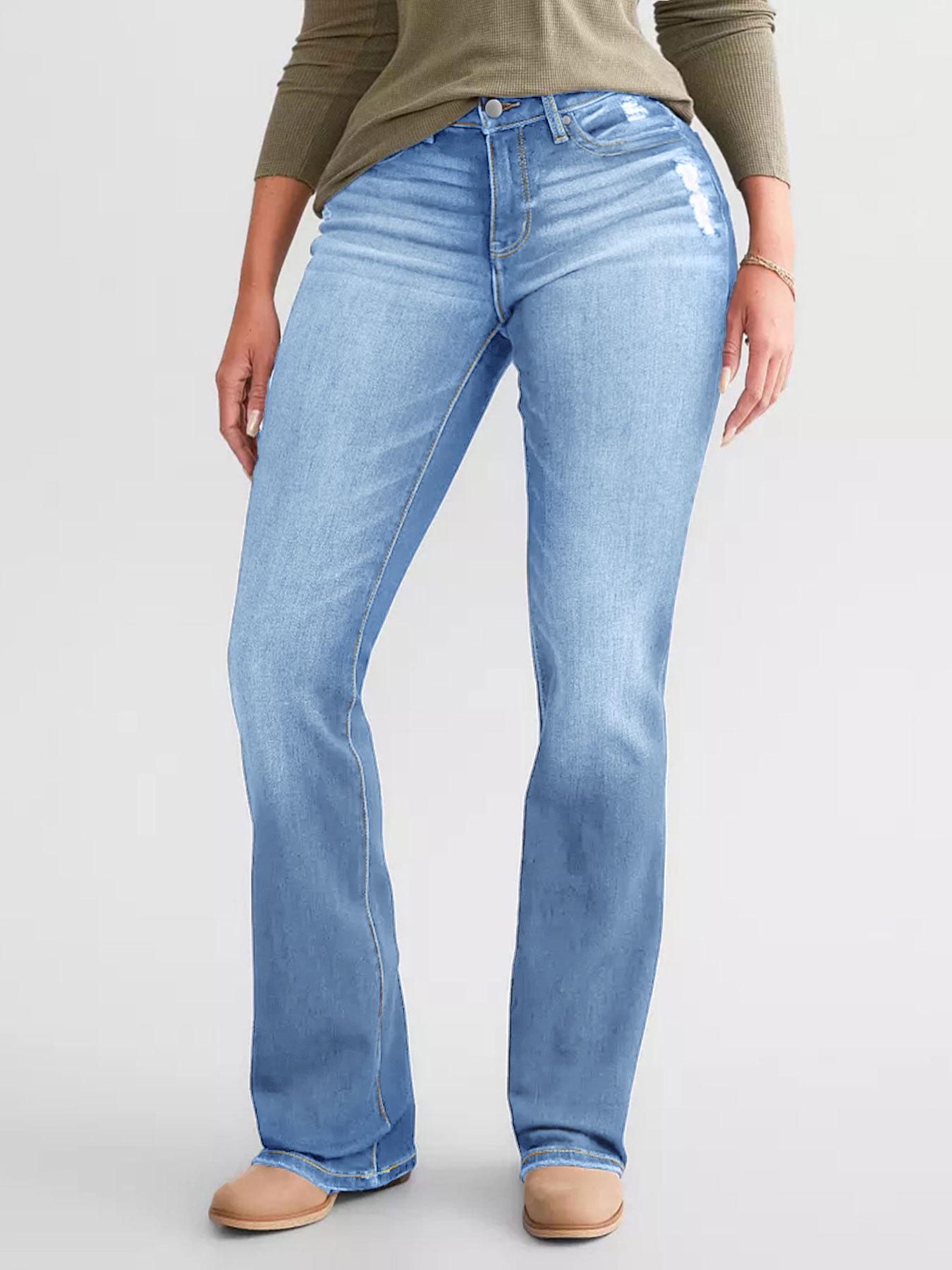 

European Women s Elastic Slim Fit Ripped Flare Jeans - Comfortable Casual Denim Pants S