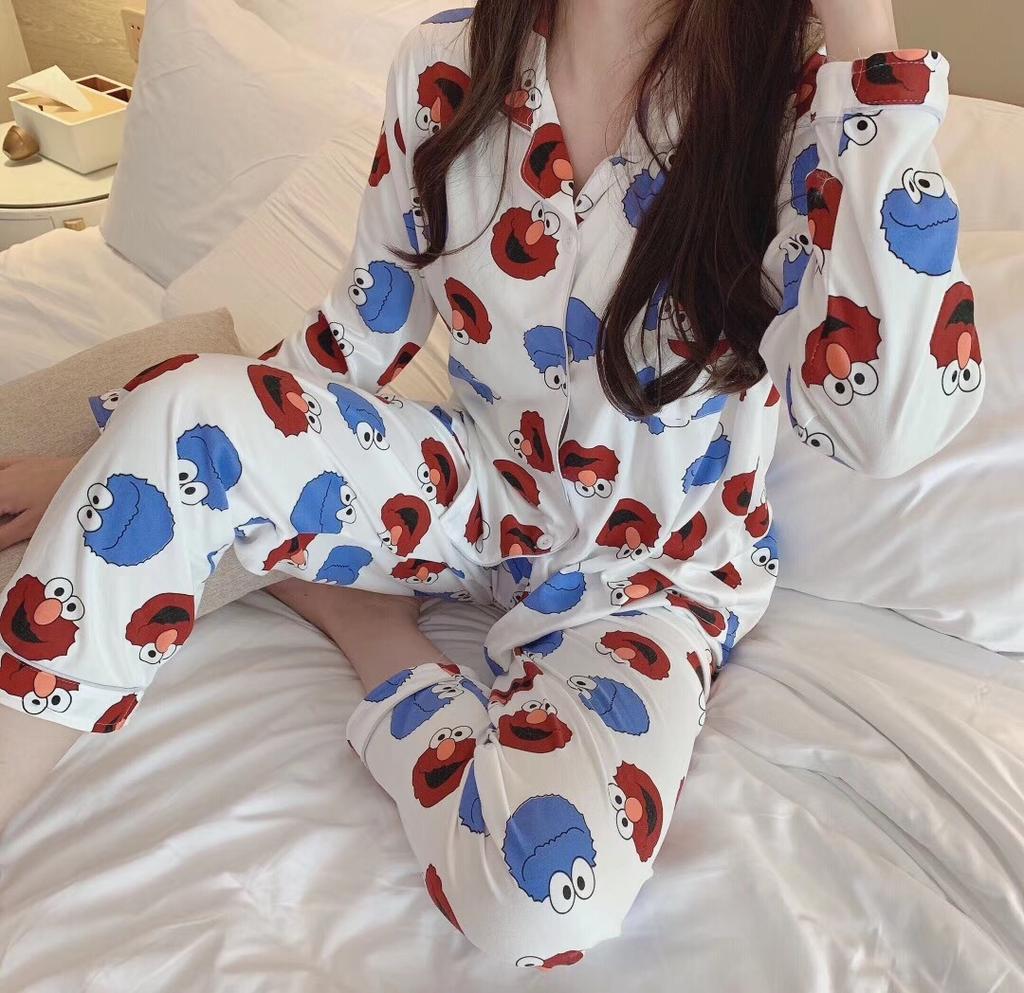 Spring And Autumn Pajamas Women'S Cardigan Long-Sleeved Trousers Korean Girls' Simple Cartoon Loungewear Suit Can Be Worn Outside