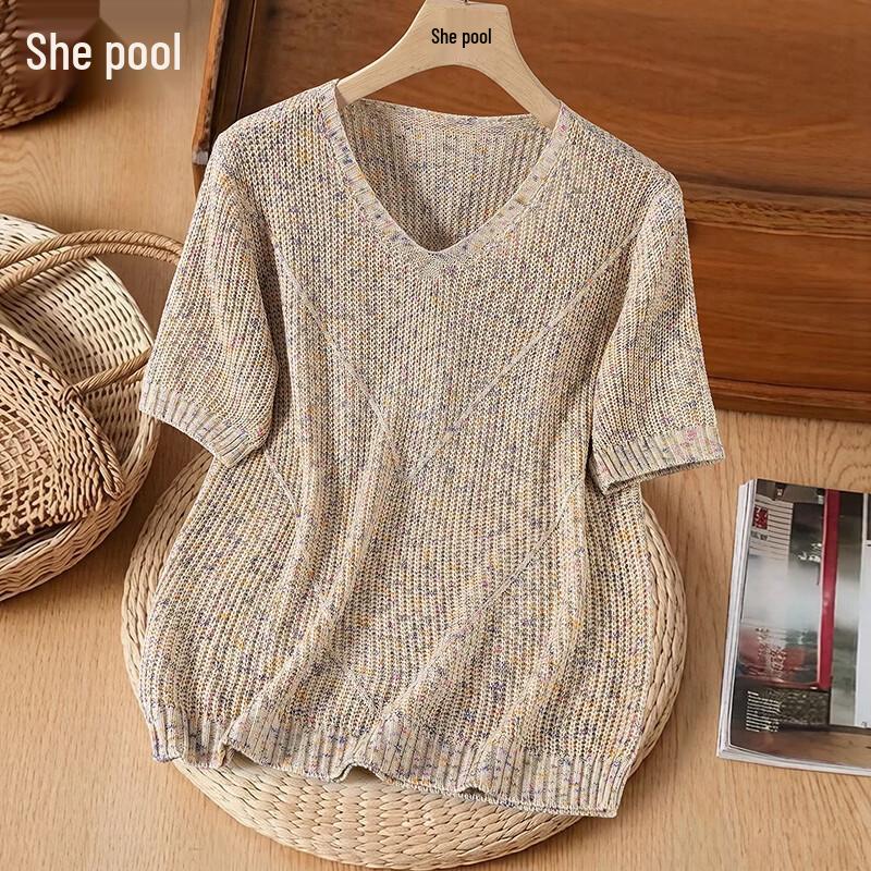 Shechi Women s Speckled V-neck Ice Silk Knit T-shirt M