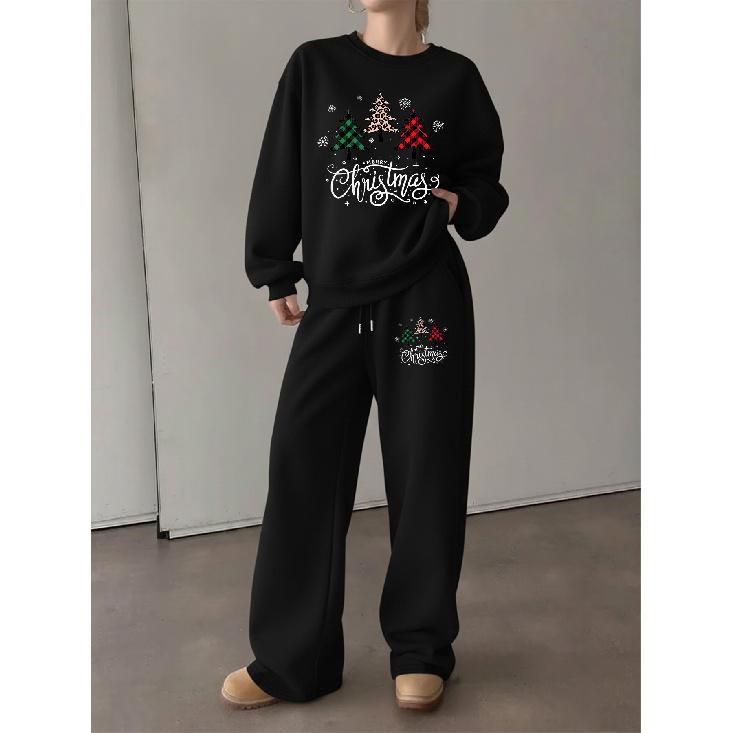 Women's Christmas Print Crewneck Sweatshirt & Drawstring Pants Set - Loose Casual Holiday Two-Piece