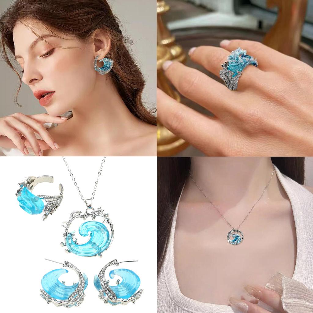 Ocean Friendship Ring Unique Dating Jewelry Set Stylish Ocean Earrings Fashion Pendant Necklace for Daily and Party