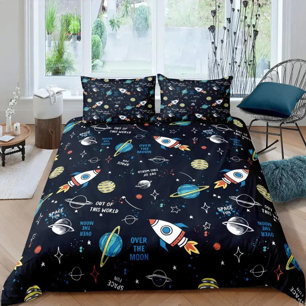 Rocket Spaceship Comfortable Duvet Quilt Cover Pillowcase Bedding Set Children Bedroom Decoration Home Textile