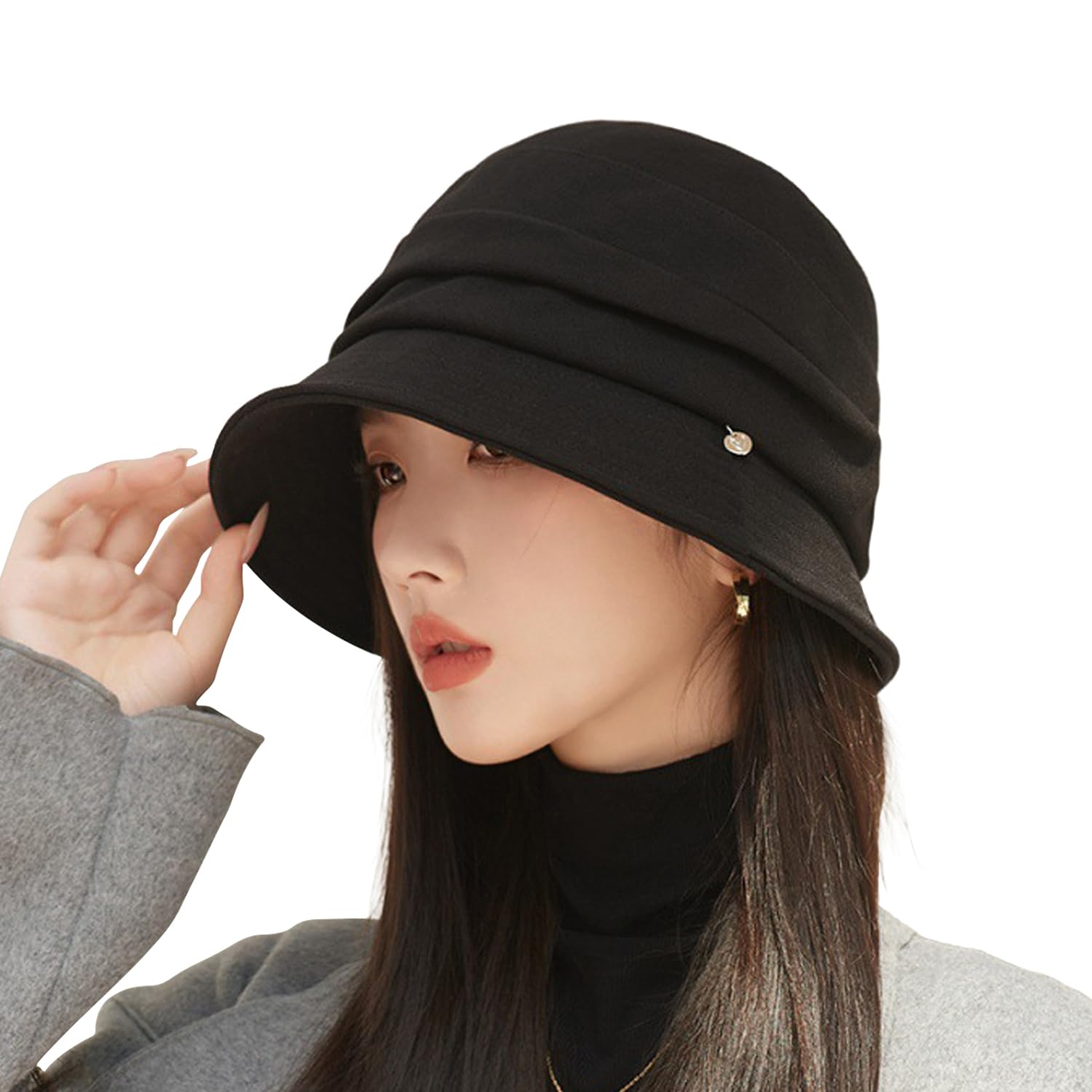 

Bucket Hat for Women Beautiful UV Solid Adjustable Size [Gokamoi] - [Stunning Face-Slimming Effect, Silhouette, Autumn/Winter] Protection, Soft, Warm, чорний