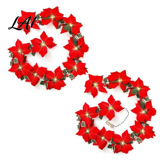 Farmhouse Style Festive Door Decor Christmas Poinsettia Garland with Light 78/118 Inch Lighted Artificial Flower Velvet Wreath String Light