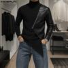 INCERUN Autumn Men's High Neck Long Sleeve PU Patchwork Irregular Casual T-shirts Undershirts