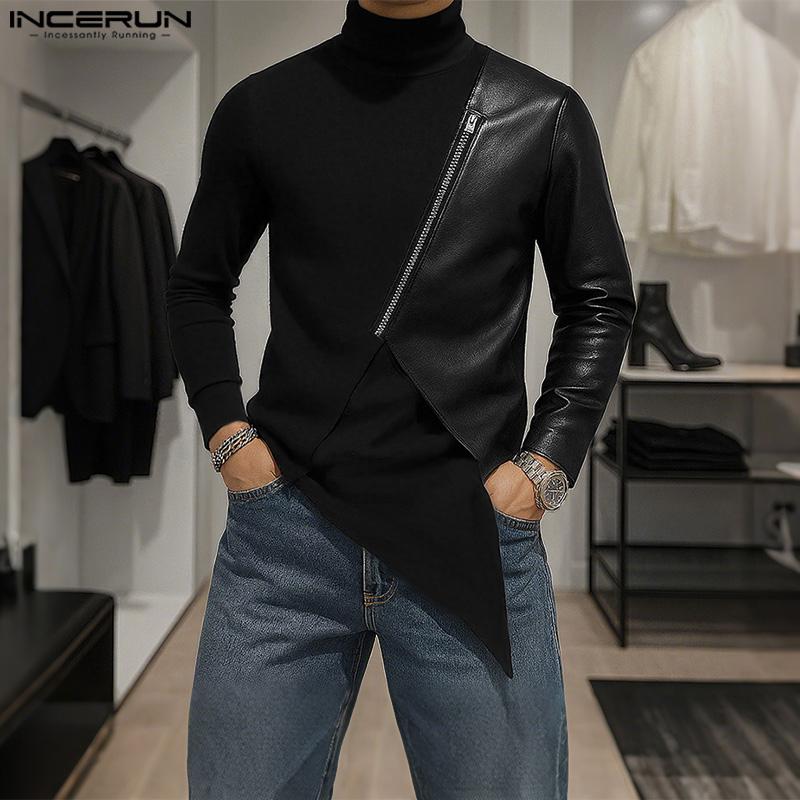 INCERUN Autumn Men's High Neck Long Sleeve PU Patchwork Irregular Casual T-shirts Undershirts