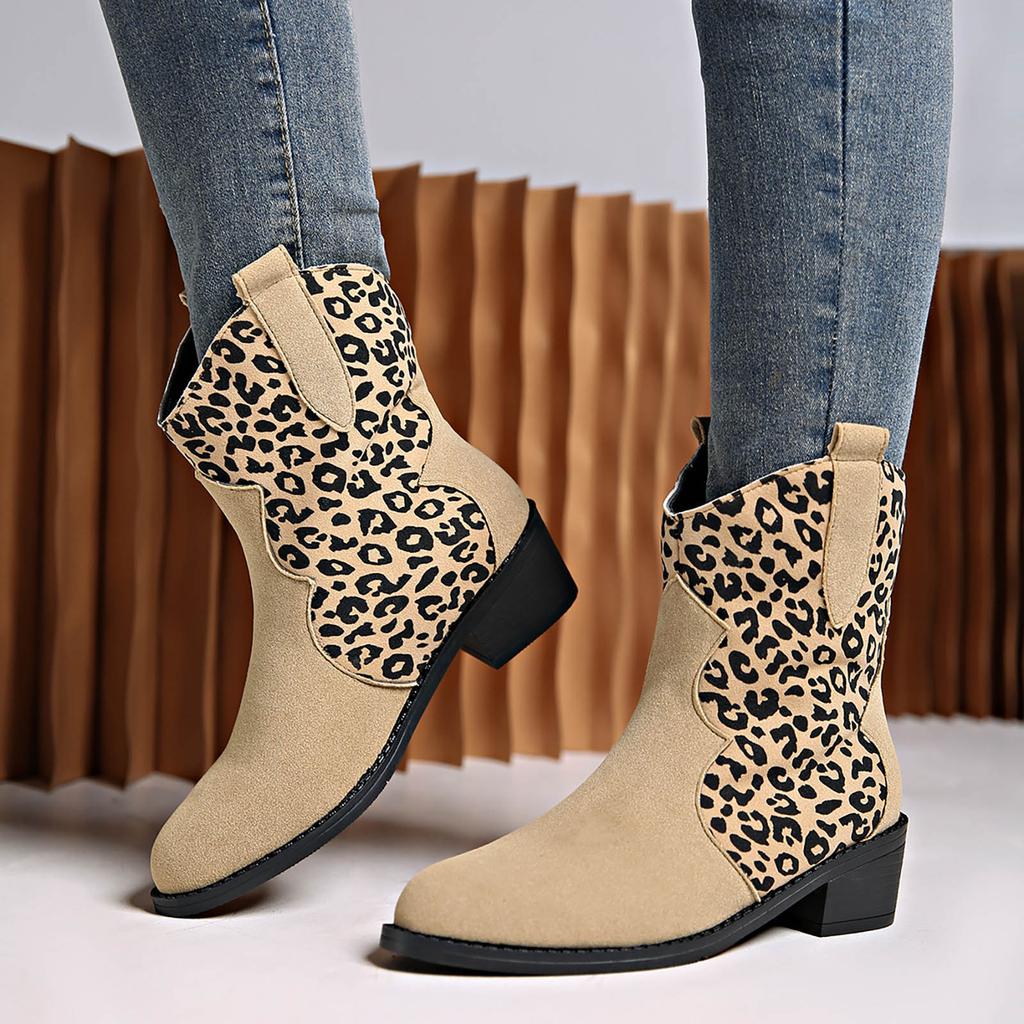 Tall Leather Boots For Women Low Heel Wide Calf Women'S Casual Fashion Middle Heel Leopard Chunky Heel Pointed Zapatos De Mujer