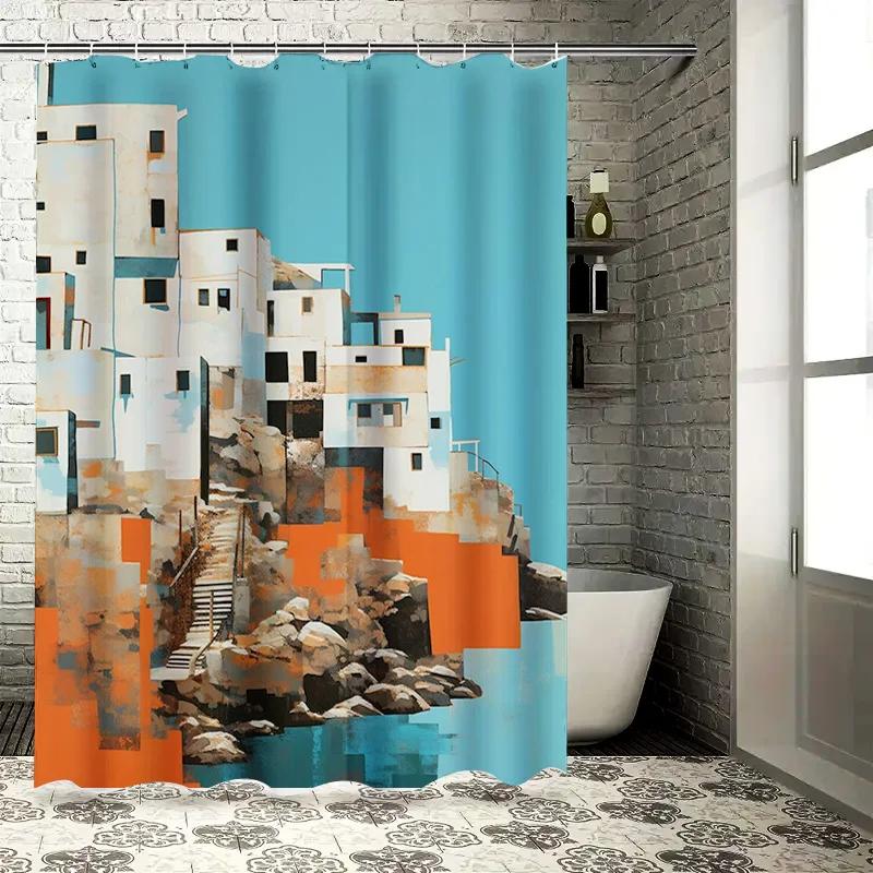 

Abstract Digital Print Shower Curtain Modern Art Bathroom Decor In Blue Orange Size 180X235Cm (6Ft X 7Ft) For Home Use Only W60H190(CM)-1 Pcs