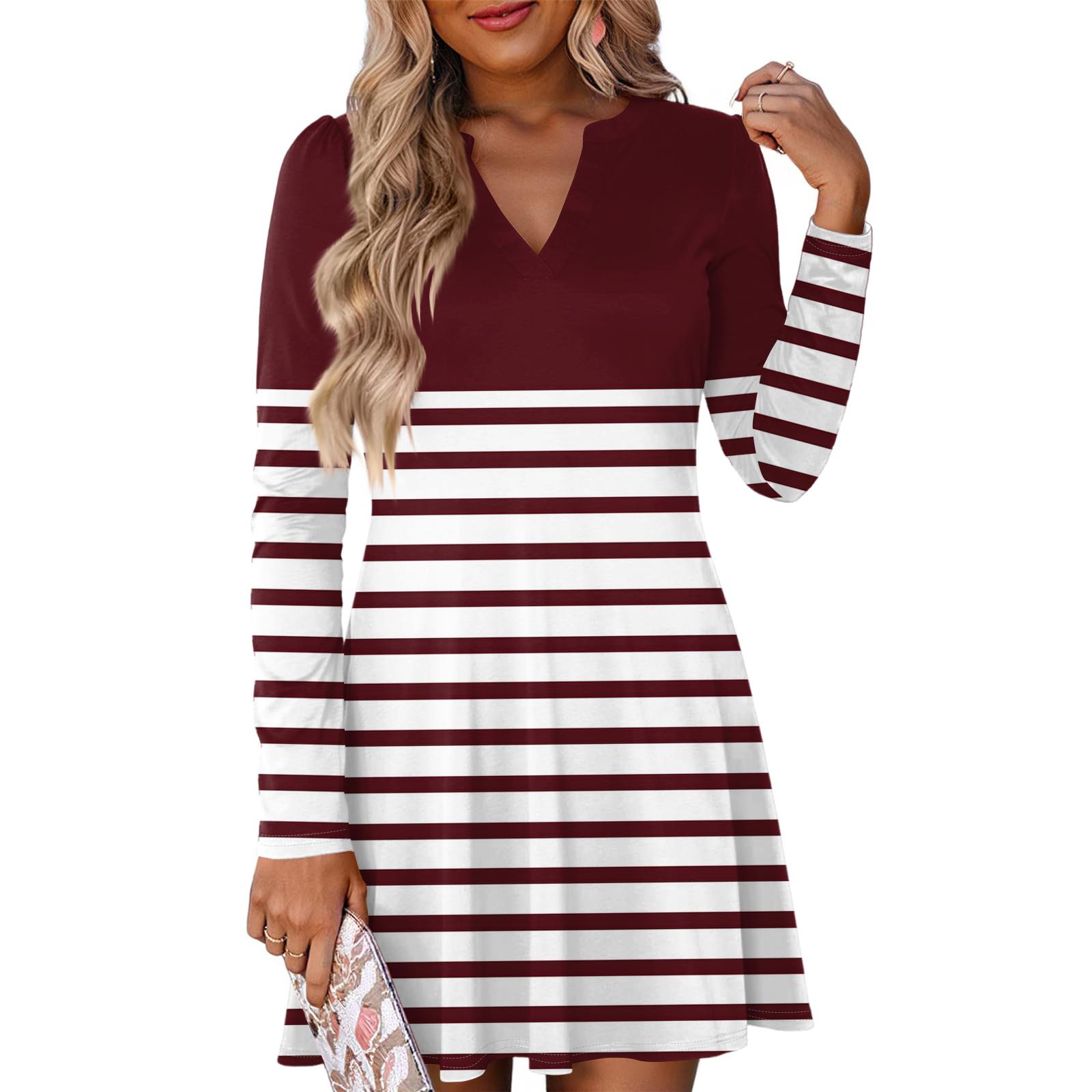 

Женское модное полосатое платье с V-образным вырезом и длинными рукавами S винный