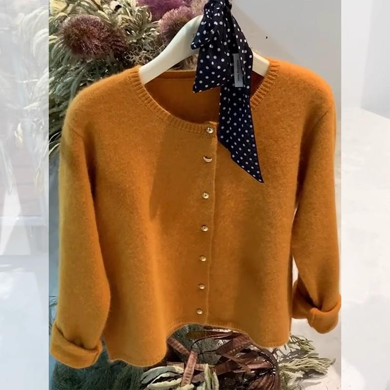 Women's Orange Raccoon Knit Cardigan - Autumn/Winter Lazy Style Short Sweater Coat