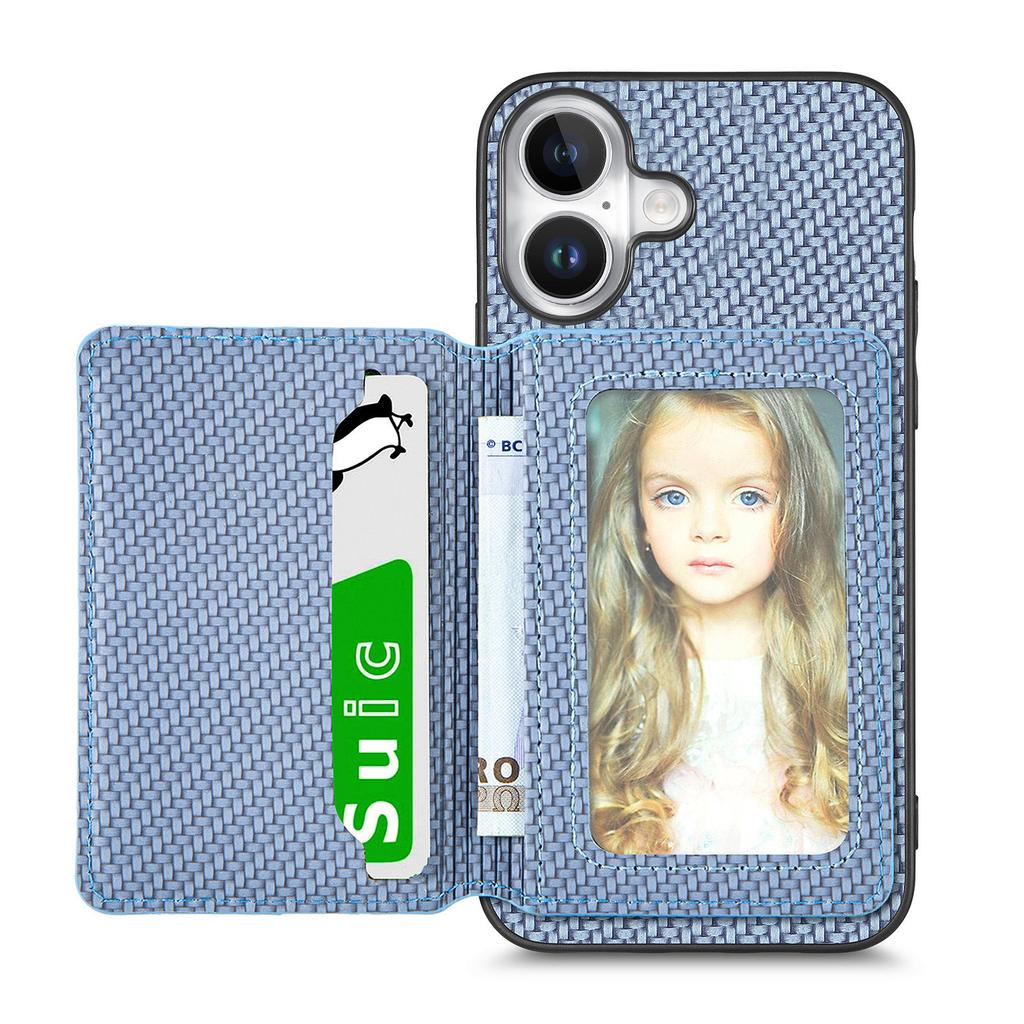 C1-02 For iPhone 16 Case RFID Blocking Card Holder Carbon Fiber Leather+PC+TPU Phone Cover