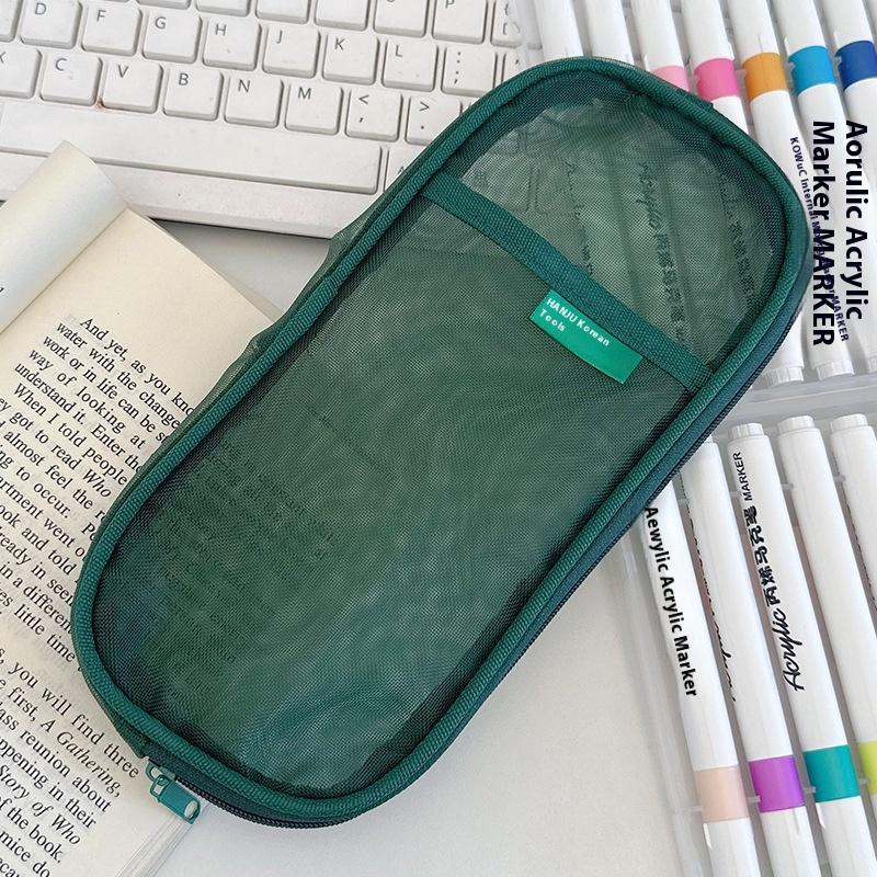 Transparent Mesh Double-Layer Portable Lightweight Korean Style Pencil Pouch For Girls School Stationery
