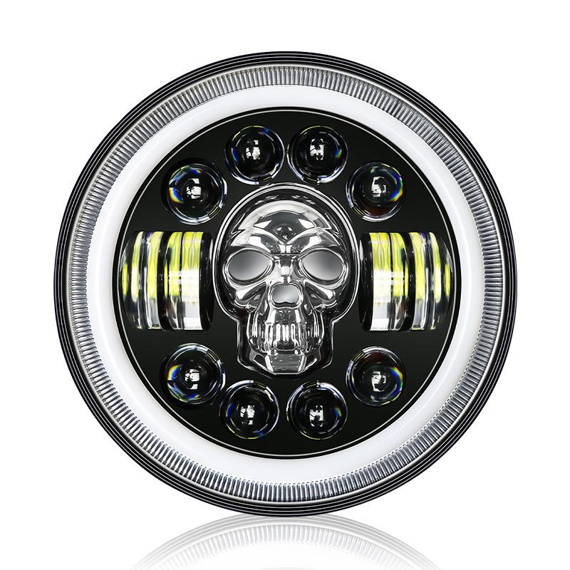Skull Pattern 7in LED Motorcycle Headlamp 9-36V Hardwired Motor Vehicle Headlight for Modification Accessories