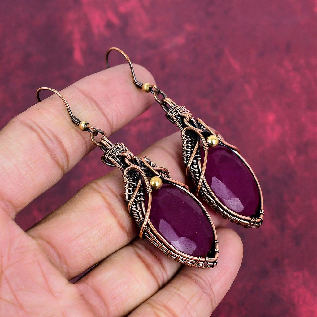 Faceted Kashmir Ruby Earring Copper Wire Wrapped Jewelry Handmade Gemstone Earring Copper Wire Wrapped Earrings Wedding Gifts Dainty Jewelry