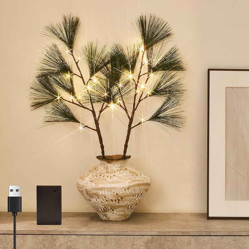 Fudios Magnolia Branches Lights with Timer 32IN 60 LED Battery Operated or USB Plug in Artificial Greenery Magnolia Stems for Spring Decor