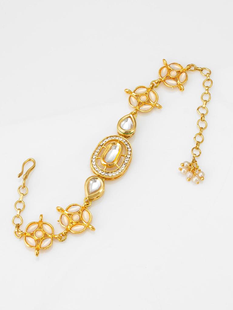 Gold-Plated White Stone-Studded & Beaded Handcrafted Bracelet