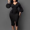 Elegant Women Dress V Neck Long Sleeve Package Hips Mid Calf Formal Business Work Wear Dress Midi