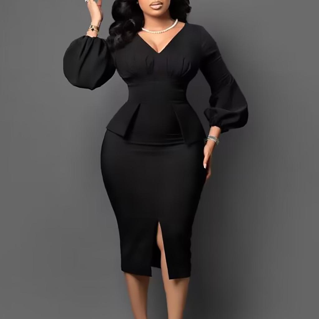Elegant Women Dress V Neck Long Sleeve Package Hips Mid Calf Formal Business Work Wear Dress Midi