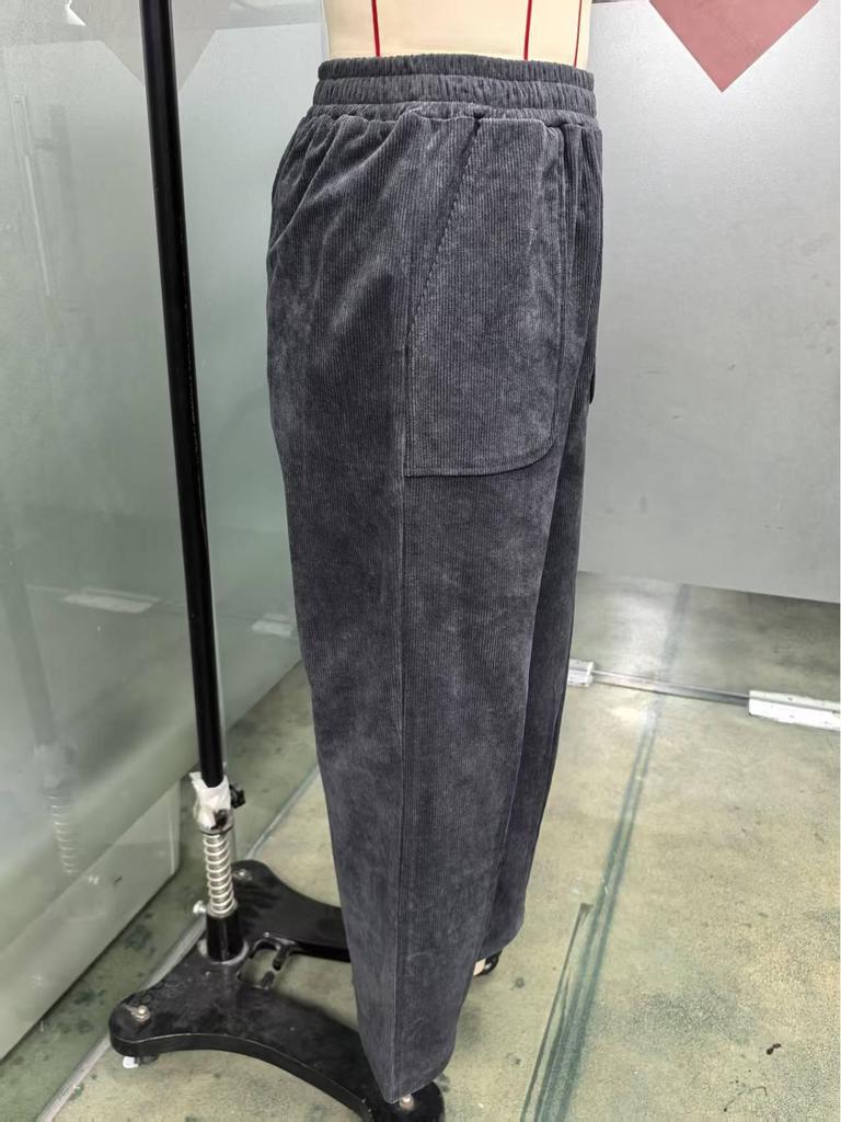 Women's Elastic High-Waist Corduroy Pleated Wide-Leg Pants with Pockets - Casual, Comfortable, Loose Fit for Autumn