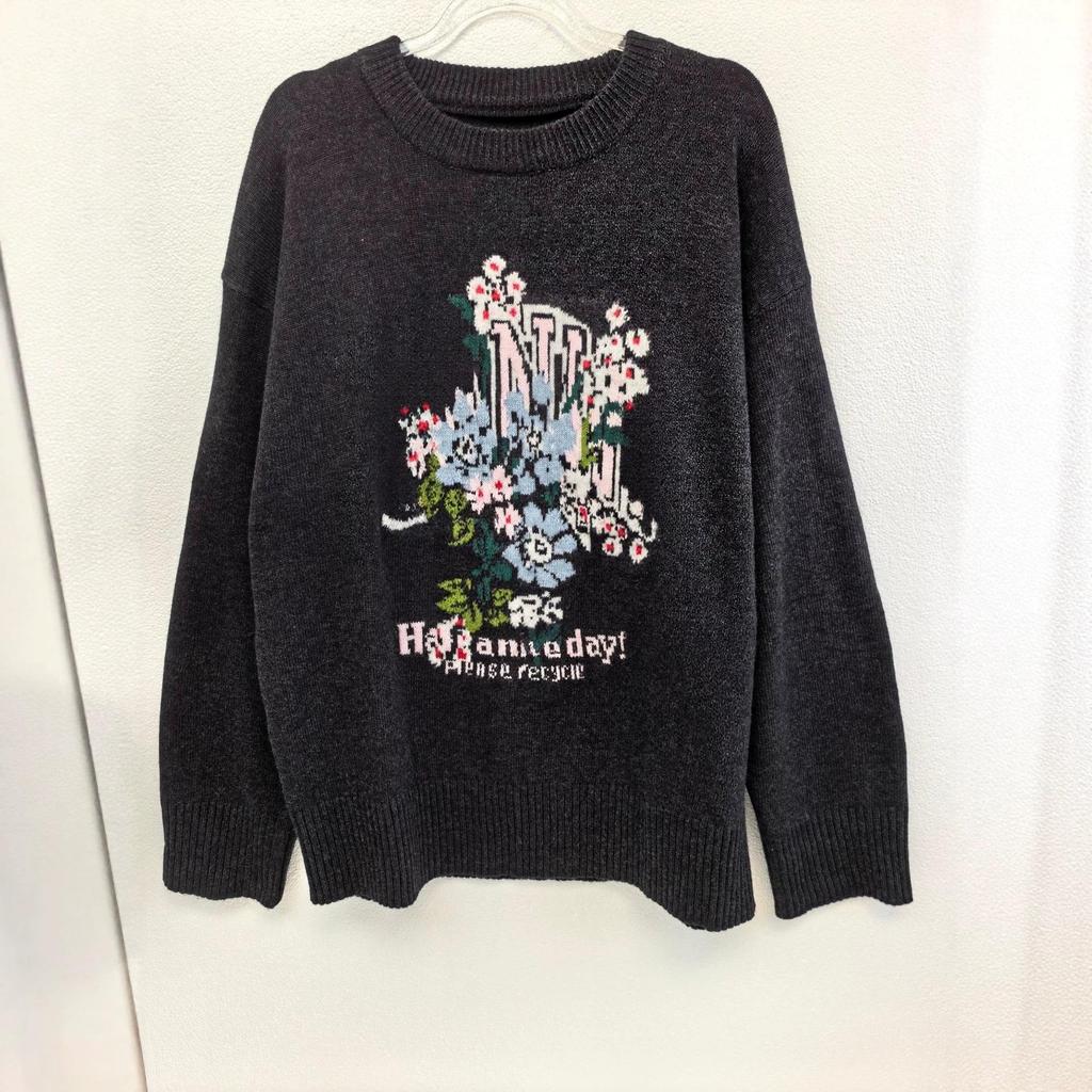 Wool Blend Floral Letter Pattern Round Neck Loose Sweater