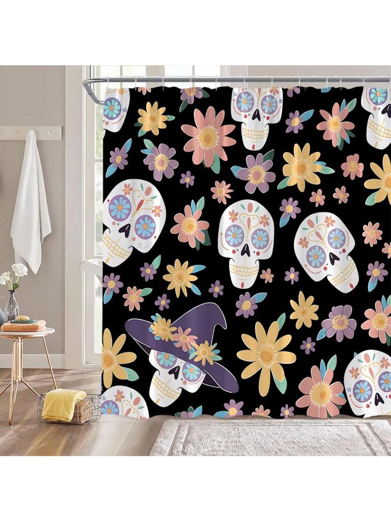 Gothic Shower Curtain Skull Floral Boho Spooky Halloween Festival Black Purple Yellow Bathroom Home Curtain Decor With Hooks