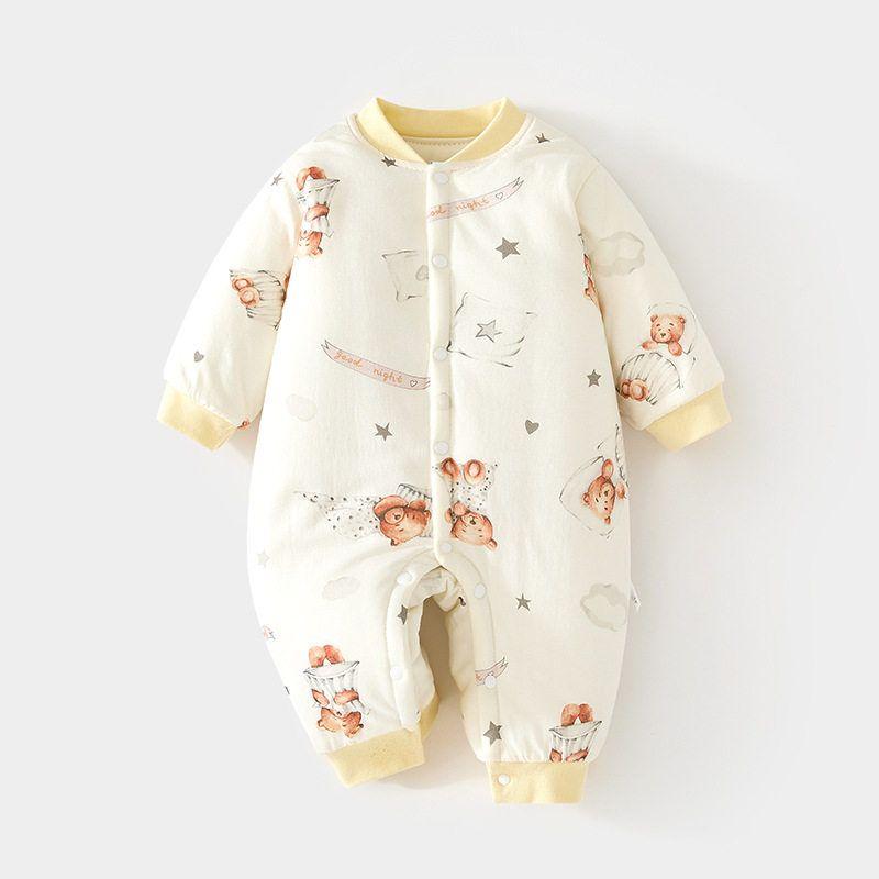 Baby One-Piece Romper Winter Fleece Thickened Warm Newborn Clothing Outdoor Cuddle Suit Jumpsuit Beige (Cotton Sleeping Bear Onesie) 66 cm