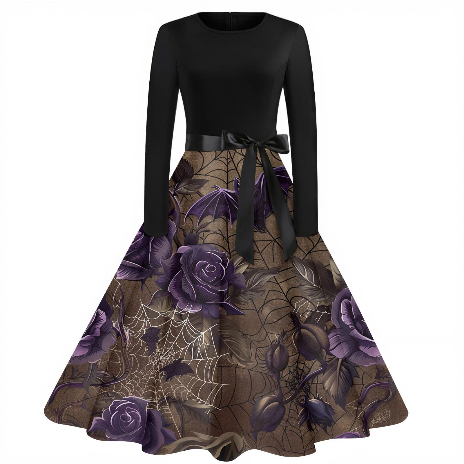 

Женское модное винтажное платье с длинным рукавом и круглым вырезом с принтом на Хэллоуин для вечеринки L