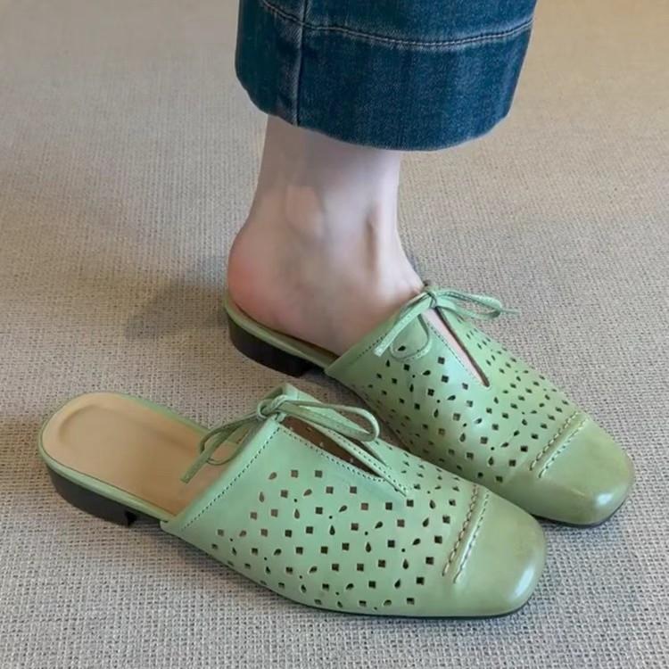 Fashion Female Shoes Fretwork Heels Womens Slippers Outdoor Med Cover Toe Slides 2025 Summer Genuine Leather Rome Rubber Fabric PU Hoof