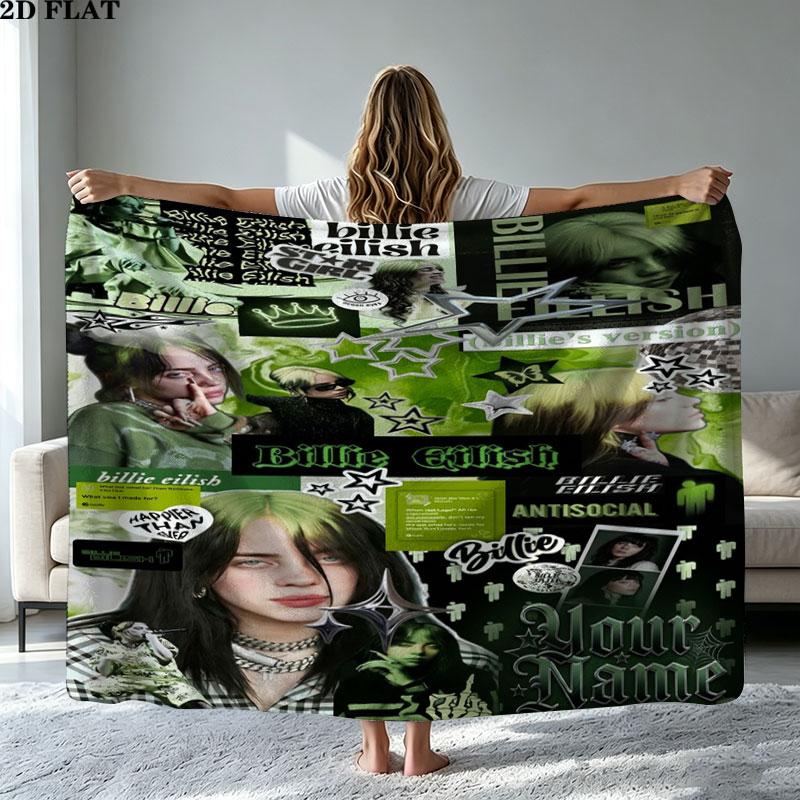 1PC Billie Eilish Custom Name Patterned Flannel Blanket Suitable For All Seasons for Home Decor Warmth and Comfort Gifts Holiday Present