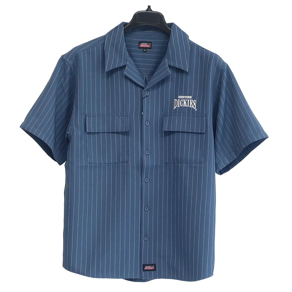 Dickies Men's Short Sleeve Shirt, Striped, Open Collar, Blue, Black, Casual, Sizes M, L, XL, 10001912 (JP, Alphabet, XL, BLUE)