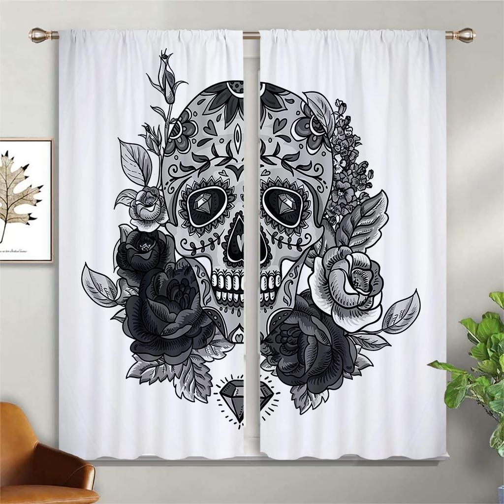 Window Curtains Skull Steal Floral Retro Gothic Print Curtains Suitable For Bedroom Living Room Study Room Decorative Curtains