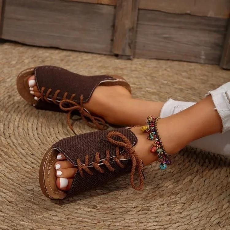 Fashion 2024 Summer Wedges Slipper New Thick Soles Casual Zapatos De Mujer Gladiator Lace Up Peep Toe Linen Cloth Heeled Sandals Slides